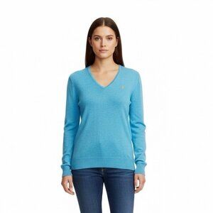 Ralph Lauren Sport Womens Blue V-Neck Sweater Boyfriend Fit Sz- XL